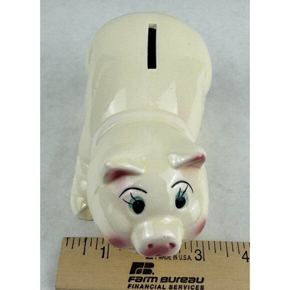 Vintage Painted Ceramic Standing Piggy Bank Off White Pottery Taiwan Made 6x3 in - Picture 12 of 12